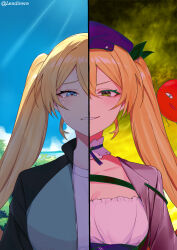 Rule 34 | 1girl, absurdres, blonde hair, blue eyes, breasts, choker, cleavage, crying, crying with eyes open, dokibird (vtuber), dokibird (vtuber) (tomato), green eyes, grey jacket, hat, highres, indie virtual youtuber, jacket, lendivere, long hair, looking at viewer, open clothes, open jacket, open mouth, shirt, smirk, tears, teeth, tomato, twintails, virtual youtuber, white shirt