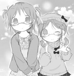 Rule 34 | 2girls, bow, glasses, hair ornament, hair ribbon, hairclip, lottie, monochrome, multiple girls, non-web source, one eye closed, original, ribbon, short hair, short twintails, twintails, v