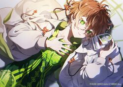 Rule 34 | 1boy, absurdres, aoiro oto, azusawa mito, brown hair, child, clock over orquesta, glasses, green eyes, hand on own chest, hand piano, highres, hood, hoodie, long sleeves, looking at viewer, lying, male focus, official art, on back, short hair, solo, white hoodie