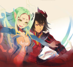 Rule 34 | 1boy, 1girl, black hair, gaius (tales), green eyes, multicolored hair, muzet (tales), open mouth, pointy ears, red eyes, simple background, tales of (series), tales of xillia