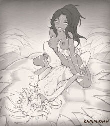 Rule 34 | 2girls, artist name, blush, breasts, cleft of venus, collarbone, completely nude, female ejaculation, female focus, flower, full body, greyscale, hair flower, hair ornament, holding hands, large breasts, league of legends, long hair, monochrome, multiple girls, neeko (league of legends), nidalee, nipples, nude, outdoors, pussy, rammionn, sweat, tail, tattoo, tongue, tongue out, tribadism, yuri