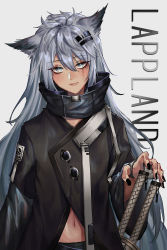 Rule 34 | 1girl, absurdres, animal ears, arknights, black jacket, black nails, blush, character name, commentary, expulse, grey background, grey eyes, hair between eyes, hair ornament, hairclip, high collar, highres, jacket, lappland (arknights), lips, long hair, long sleeves, looking at viewer, nail polish, navel, scar, scar across eye, scar on face, silver hair, simple background, solo, sword, upper body, very long hair, weapon, wide sleeves, wolf ears