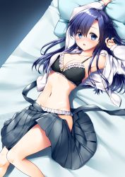 Rule 34 | 1girl, absurdres, arm up, armpits, bare shoulders, bed sheet, black bra, black panties, blue eyes, blue hair, blush, bow, bow bra, bra, breasts, cleavage, clothes pull, collarbone, commentary request, dress shirt, feet out of frame, fingernails, frilled bra, frilled panties, frills, grey skirt, groin, hair between eyes, hand up, highres, long hair, long sleeves, lying, medium breasts, navel, nose blush, on back, open clothes, open mouth, open shirt, open skirt, original, panties, pillow, pleated skirt, school uniform, shirt, skirt, skirt pull, sleeves past wrists, solo, suspender skirt, suspenders, underwear, wakuta chisaki, white shirt