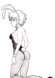 Rule 34 | 1girl, animal ears, ass, backless leotard, bare shoulders, black lagoon, boa (brianoa), breasts, closed mouth, detached collar, fake animal ears, feet out of frame, frederica sawyer, greyscale, highres, kneeling, leotard, looking at viewer, looking to the side, monochrome, pantyhose, playboy bunny, rabbit ears, rabbit tail, short hair, simple background, small breasts, solo, strapless, strapless leotard, tail, white background