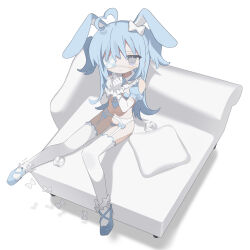 Rule 34 | 1girl, ahoge, animal ears, bare shoulders, blue footwear, blue hair, blue necktie, bound, bound wrists, bow, chaise longue, closed mouth, clothing cutout, couch, cushion, daizu (melon-lemon), elbow gloves, eyepatch, floppy ears, full body, garter belt, gloves, grey eyes, hair bow, hands up, heart, heart ahoge, heart maebari, heart pasties, highres, long hair, looking at viewer, maebari, medical eyepatch, navel, necktie, on couch, one eye covered, original, own hands together, pasties, puffy short sleeves, puffy sleeves, rabbit ears, rabbit girl, shoes, short sleeves, shoulder cutout, shrug (clothing), simple bird, sitting, solo, tears, thighhighs, two side up, used tissue, white background, white bow, white gloves, white thighhighs