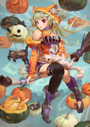 Rule 34 | 1girl, animal ears, arm support, bare shoulders, black thighhighs, blonde hair, blurry, boots, breasts, broom, broom riding, buildins, cat, cat ears, choker, cleavage, cloud, colored eyelashes, day, detached sleeves, eyelashes, halloween, hat, high heels, lamier, long hair, looking at viewer, makeup, medium breasts, open mouth, original, pumpkin, purple eyes, sitting, sky, solo, surreal, thighhighs, thighs, witch, zettai ryouiki