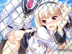 Rule 34 | 1boy, 1girl, against fence, arshes (yunibaru!), ass, ass grab, blonde hair, blush, grabbing another&#039;s breast, breasts, breasts out, clothed sex, cum, cum in pussy, cum on ass, cum on body, cum on lower body, fence, fugetsu taku, game cg, grabbing, hairband, hetero, leaning forward, long sleeves, nipples, open mouth, red eyes, sex, solo focus, vaginal, wavy mouth, yunibaru!