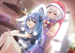 Rule 34 | 2girls, :d, absurdres, angel wings, bell, blue hair, bookshelf, bow, bowtie, brooch, brushing another&#039;s hair, brushing hair, commentary request, commission, doremy sweet, dress, dutch angle, feathered wings, feet out of frame, glint, grey hair, hair between eyes, hat, headwear switch, highres, indoors, jacket, jewelry, kishin sagume, knees together feet apart, knees up, long sleeves, looking at another, multiple girls, nightcap, niko kusa, open mouth, plant, pom pom (clothes), potted plant, purple dress, red bow, red bowtie, red eyes, red headwear, short hair, single wing, sitting, skeb commission, smile, tail, tapir tail, touhou, white wings, window, wings