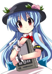 Rule 34 | 1girl, blue hair, book, bow, fa no hito, female focus, food, fruit, hat, hinanawi tenshi, leaf, long hair, peach, puffy sleeves, red eyes, short sleeves, smile, solo, touhou, wrist cuffs