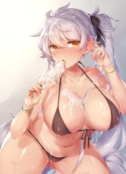 Rule 34 | 1girl, alternate costume, alternate hairstyle, bad id, bad pixiv id, bare shoulders, bikini, black bikini, blush, bracelet, breasts, cleavage, collarbone, commentary request, covered erect nipples, cowboy shot, food, gluteal fold, hair between eyes, hair ornament, hair tie, hand in own hair, holding, jewelry, kantai collection, large breasts, long hair, looking at viewer, messy hair, micro bikini, navel, open mouth, pokoten (pokoten718), ponytail, popsicle, sexually suggestive, sitting, solo, suggestive fluid, sweat, sweatdrop, swimsuit, unryuu (kancolle), very long hair, wet, white hair, yellow eyes