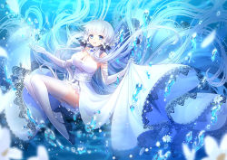 Rule 34 | 1girl, air bubble, azur lane, bare shoulders, black footwear, blue eyes, blue theme, blurry, breasts, bubble, cleavage, depth of field, dress, elbow gloves, flower, gloves, hands up, high heels, illustrious (azur lane), lace, lace-trimmed legwear, lace trim, large breasts, long dress, long hair, looking at viewer, low twintails, miemia, mole, mole under eye, open mouth, shoes, smile, solo, thighhighs, twintails, underwater, white dress, white flower, white gloves, white hair, white thighhighs