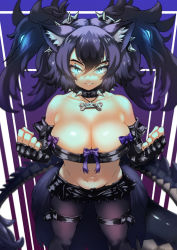 Rule 34 | 1girl, animal ears, aqua eyes, bare shoulders, big hair, black hair, bone necklace, bow, breasts, cerberus (kemono friends), cleavage, clenched hands, collar, collarbone, cutoffs, dog ears, elbow gloves, fingerless gloves, gloves, glowing, glowing eyes, glowing hair, glowing scar, groin, hair between eyes, hands up, jewelry, kemono friends, large breasts, pantyhose under shorts, lips, lizard tail, looking at viewer, lowleg, lowleg shorts, multicolored hair, navel, pantyhose, parted lips, pendant, purple hair, scar, scar across eye, scar on face, short shorts, shorts, smile, solo, spiked collar, spikes, spirits hatch, stomach, strapless, tail, thigh strap, tube top, two-tone hair, two side up