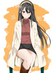 Rule 34 | 10s, 1girl, absurdres, amu (258shin), black hair, black skirt, blush, boots, brown eyes, brown footwear, closed mouth, coat, hair between eyes, hairband, haruna (kancolle), highres, kantai collection, knee boots, light smile, long hair, looking at viewer, open clothes, open coat, panties, pantyshot, pencil skirt, ribbed sweater, sitting, skirt, smile, solo, sweater, thighs, turtleneck, turtleneck sweater, underwear, very long hair, white panties