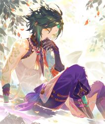 Rule 34 | 1boy, ahoge, arm tattoo, bead necklace, beads, black gloves, black hair, closed mouth, day, facial mark, forehead mark, genshin impact, gloves, green hair, highres, jewelry, leaf, looking at viewer, lyodi, male focus, multicolored hair, necklace, orange eyes, outdoors, sitting, solo, tassel, tattoo, wet, wet clothes, xiao (genshin impact)
