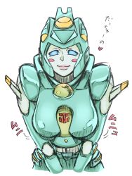 Rule 34 | 1girl, autobot, blue eyes, blush, breasts, heart, leaning forward, looking at viewer, mecha, medium breasts, moonracer, robot, smile, straight-on, tack (dnet), transformers, upper body, white background