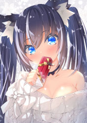 Rule 34 | 1girl, animal ear fluff, animal ears, bare shoulders, black hair, blue eyes, blush, box, breasts, cat ears, christmas, collarbone, commentary request, covered mouth, floral background, gift, gift box, hair between eyes, highres, holding, holding gift, long hair, long sleeves, looking at viewer, medium breasts, off-shoulder sweater, off shoulder, ooji cha, original, puffy long sleeves, puffy sleeves, sleeves past wrists, solo, sweater, twintails, upper body, white sweater