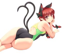Rule 34 | 1girl, alternate costume, animal ears, ass, bare arms, bare legs, bare shoulders, black bow, blush, bow, braid, breasts, cat ears, cat tail, competition swimsuit, extra ears, hair bow, isaki (gomi), kaenbyou rin, looking at viewer, multiple tails, one-piece swimsuit, pointy ears, short hair with long locks, small breasts, smile, solo, swimsuit, tail, thighs, touhou, twin braids, two tails