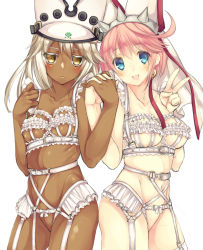 Rule 34 | 2girls, :d, alternate costume, bare shoulders, belt, belt buckle, black belt, blue eyes, blush, bow, breasts, bridal veil, buckle, cleavage, closed mouth, collarbone, colored eyelashes, cowboy shot, dark-skinned female, dark skin, elphelt valentine, eyebrows, eyelashes, eyes visible through hair, facing away, fingernails, frills, garter belt, garter straps, grey hairband, groin, guilty gear, guilty gear xrd, hair between eyes, hairband, hat, hat belt, highres, hime gyo, holding hands, interlocked fingers, jitome, lips, long hair, looking at viewer, medium breasts, midriff, multiple girls, navel, no pussy, o-ring, o-ring legwear, open mouth, palms, pink hair, pink lips, ramlethal valentine, ribs, shiny skin, short hair, siblings, sidelocks, sisters, skindentation, small breasts, smile, spiked hairband, spikes, standing, stomach, symmetry, tareme, thighhighs, underboob, v, veil, white belt, white bow, white hair, white hat, white legwear, yellow eyes