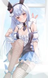Rule 34 | 1girl, absurdres, animal ears, black necktie, blue hair, blue skirt, blunt bangs, blush, bow, closed mouth, commentary, detached sleeves, dot nose, fake animal ears, fishnet thighhighs, fishnets, frilled sleeves, frills, hat, hat bow, highres, hololive, horo 27, lace, lace-trimmed legwear, lace trim, light blue hair, long hair, looking at viewer, mini hat, necktie, official alternate costume, pink bow, pleated skirt, puffy short sleeves, puffy sleeves, rabbit, rabbit ears, short necktie, short sleeves, sidelocks, skirt, thick eyebrows, thighhighs, usada pekora, usada pekora (furi furi bunny dress), virtual youtuber, wrist cuffs, yellow eyes, zettai ryouiki