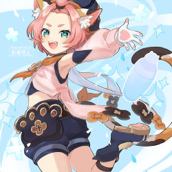 Rule 34 | 1girl, 8 (e uu88), animal ear fluff, animal ears, aqua eyes, bag, bangs pinned back, blue shorts, boots, cat ears, cat girl, cat tail, cocktail shaker, commentary request, detached sleeves, diona (genshin impact), genshin impact, gloves, hat, highres, leg up, looking at viewer, open mouth, paw print, pink hair, short hair, shorts, solo, sparkle, tail