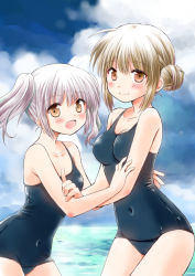 Rule 34 | 2girls, :d, bare arms, bare shoulders, blue sky, blush, breasts, brown eyes, closed mouth, cloud, cloudy sky, collarbone, commentary request, covered navel, day, hair between eyes, hair bun, horizon, light brown hair, long hair, looking at viewer, medium breasts, minami kawa, multiple girls, ocean, old school swimsuit, one-piece swimsuit, open mouth, original, outdoors, school swimsuit, side bun, side ponytail, sidelocks, silver hair, single hair bun, single side bun, sky, small breasts, smile, swimsuit