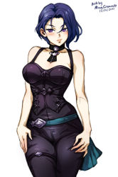 Rule 34 | 1girl, artist name, bare shoulders, belt, black pants, blue hair, bodice, breasts, choker, cleavage, collarbone, corset, dated, fire emblem, fire emblem: three houses, hair behind ear, hair between eyes, hand on own hip, jacket, large breasts, looking at viewer, medium breasts, mina cream, nintendo, open clothes, open jacket, pants, purple eyes, shamir nevrand, short hair, simple background, solo, white background