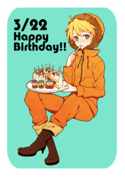 Rule 34 | 1boy, blonde hair, blue eyes, boots, cake, candle, crossed ankles, eating, eric cartman, food, food on face, fork, full body, fur-trimmed hood, fur trim, happy birthday, holding, holding fork, holding plate, hood, invisible chair, jacket, kenny mccormick, kyle broflovski, long sleeves, looking at viewer, male focus, pants, plate, sitting, solo, south park, stan marsh, strawberry shortcake, yukiguni (moaism)