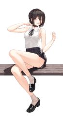 Rule 34 | 1girl, absurdres, arm up, armpits, bare arms, bare legs, bare shoulders, black choker, black footwear, black hair, black shorts, breasts, chainsaw man, choker, collared shirt, dress shirt, egk513, green eyes, hair between eyes, hand up, highres, knee up, looking at viewer, medium breasts, neck ribbon, reze (chainsaw man), ribbon, shirt, shirt tucked in, shoes, short hair, short shorts, shorts, simple background, sitting, smile, socks, solo, thighs, white background, white shirt, white socks