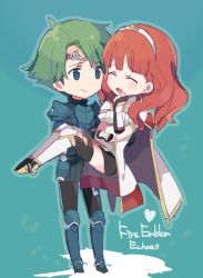 Rule 34 | 1boy, 1girl, ^ ^, alm (fire emblem), armor, cape, carrying, celica (fire emblem), chibi, closed eyes, copyright name, couple, dress, earrings, closed eyes, fingerless gloves, fire emblem, fire emblem echoes: shadows of valentia, gloves, green hair, jewelry, long hair, nintendo, open mouth, princess carry, red eyes, red hair, smile, thighhighs, tiara