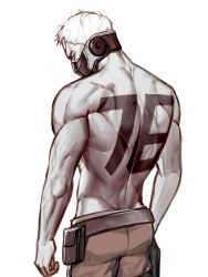 Rule 34 | 1boy, back, bad id, bad twitter id, bare shoulders, belt, bodypaint, from behind, highres, looking at viewer, looking back, male focus, mask, muscular, neck, overwatch, overwatch 1, pants, purple hair, short hair, simple background, soldier: 76 (overwatch), solo, tattoo, tool belt, topless male, white background, white hair, won jade