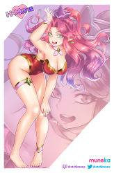 Rule 34 | 1girl, :d, angela (seiken densetsu 3), armpits, barefoot, bent over, breasts, cleavage, earrings, etchimune, full body, gradient hair, green eyes, hand on own knee, jewelry, large breasts, leotard, long hair, looking at viewer, multicolored hair, nail polish, open mouth, pink hair, pink nails, pointy ears, purple hair, purple headwear, red leotard, seiken densetsu, seiken densetsu 3, smile, solo, strapless, strapless leotard, thighlet, toenail polish, toenails, twitch logo, twitter logo, very long hair