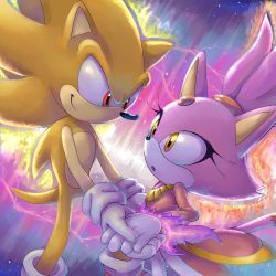 Rule 34 | blaze the cat, blonde hair, burning blaze, furry, furry female, furry male, furry with furry, gradient background, highres, holding hands, purple hair, red eyes, snout, sonic (series), sonic rush, sonic the hedgehog, super sonic, yellow eyes