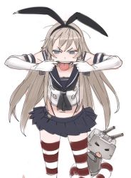 Rule 34 | 10s, 1girl, animal ears, blue eyes, gloves, highleg, highleg panties, kantai collection, lifebuoy, long hair, making faces, miniskirt, mouth pull, navel, nishieda, panties, rabbit ears, rensouhou-chan, shimakaze (kancolle), skirt, striped clothes, striped thighhighs, suspenders, swim ring, thighhighs, tongue, tongue out, underwear, very long hair