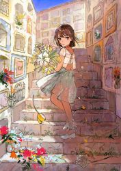 Rule 34 | 1girl, absurdres, blue skirt, bouquet, brown flower, buchi (qooo003), building, commentary, day, english commentary, flower, highres, holding, holding bouquet, huge filesize, original, outdoors, red flower, rest in peace (phrase), rose, see-through, shirt, shoes, short sleeves, skirt, solo, stairs, stone stairs, white flower, white footwear, white shirt, yellow flower, yellow rose