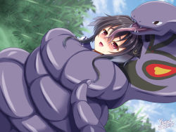 Rule 34 | 1girl, anchor symbol, arbok, blue sailor collar, blush, bound, cloud, commentary request, commission, constriction, creatures (company), crossover, dated, day, fangs, game freak, gen 1 pokemon, gradient hair, grass, hair between eyes, kantai collection, multicolored hair, nintendo, outdoors, pokemon, pokemon (creature), red eyes, sailor collar, saliva, short hair with long locks, signature, skeb commission, sky, tokitsukaze (kancolle), tongue, tongue out, yamu (reverse noise)