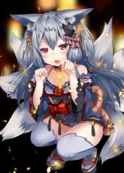 Rule 34 | 1girl, animal ear fluff, animal ears, bare shoulders, duji amo, fang, fox ears, highres, long hair, multiple tails, original, paw pose, red eyes, silver hair, solo, squatting, tail, thighhighs, usagihime
