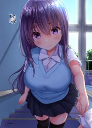 Rule 34 | 1girl, black skirt, black thighhighs, blush, breasts, clothes grab, collared shirt, day, dress shirt, hair between eyes, highres, indoors, large breasts, long hair, looking at viewer, mokufuu, original, pleated skirt, purple eyes, purple hair, shirt, short sleeves, signature, skirt, sleeve grab, solo focus, spoken blush, stairs, standing, sweater vest, thighhighs, very long hair, white shirt, window