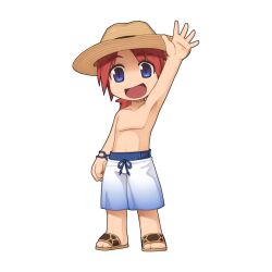 Rule 34 | 1boy, blue eyes, blue swim trunks, brown hat, chibi, full body, hat, looking at viewer, male focus, no nipples, official art, open mouth, ragnarok online, red hair, sandals, short hair, simple background, smile, solo, topless male, transparent background, waving, yuichirou