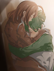 Rule 34 | 1boy, 1girl, ahoge, brown coat, brown hair, coat, commentary, dainatsu, dress, closed eyes, face to breasts, feet out of frame, from side, green hair, green jacket, hair between eyes, hair bun, hand on another&#039;s head, hand on another&#039;s shoulder, highres, hod (project moon), hug, jacket, library of ruina, medium hair, netzach (project moon), profile, project moon, single hair bun, sitting, sleeping, sleeping upright, symbol-only commentary, upper body, white dress