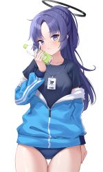 Rule 34 | 1girl, absurdres, black shirt, blue archive, blue buruma, blue jacket, blush, bottle, bottle to cheek, buruma, closed mouth, cowboy shot, gym uniform, halo, highres, holding, holding bottle, id card, jacket, long hair, looking at viewer, ncontrail (mgax7527), off shoulder, official alternate costume, parted bangs, partially unzipped, ponytail, pout, purple eyes, purple hair, shirt, short sleeves, sidelocks, solo, star sticker, sticker on face, thigh gap, thighs, track jacket, white background, yuuka (blue archive), yuuka (track) (blue archive)