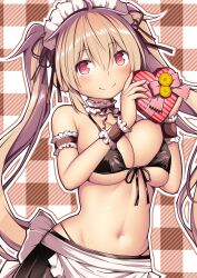 Rule 34 | 1girl, absurdres, alternate costume, apron, bikini, black bikini, black ribbon, blush, box, breasts, closed mouth, enmaided, frilled apron, frills, gift, gift box, groin, hair between eyes, hair ribbon, heart-shaped box, highres, holding, holding gift, kantai collection, kuromayu, large breasts, light brown hair, long hair, looking at viewer, maid, maid bikini, maid headdress, murasame (kancolle), red eyes, ribbon, smile, solo, swimsuit, two side up, unconventional maid, valentine, waist apron, white apron, wrist cuffs