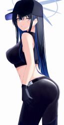 Rule 34 | 1girl, ass, bare arms, bare shoulders, baseball cap, belt, black belt, black gloves, black hair, black hat, black pants, black shirt, blue archive, blue eyes, breasts, commentary, cowboy shot, crop top, gloves, hat, highres, large breasts, leggings, long hair, looking at viewer, midriff, pants, saori (blue archive), shirt, simple background, sleeveless, sleeveless shirt, solo, standing, thighs, very long hair, white background, yun (kbdenz9)