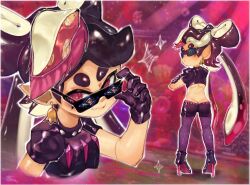 Rule 34 | 1girl, @ @, absurdres, adjusting eyewear, arm up, ass, black collar, black footwear, black gloves, black hair, black shirt, black shorts, border, bow-shaped hair, callie (splatoon), clenched teeth, closed mouth, collar, commentary, crop top, cropped shoulders, crossed arms, earrings, english commentary, fang, food, food-themed earrings, food art, full body, gloves, gradient hair, high heels, highres, inkling, jewelry, long hair, looking back, mole, mole under eye, multicolored hair, multiple views, nintendo, official alternate costume, onimiere, outline, panty straps, pantyhose, pink hair, pointy ears, puffy short sleeves, puffy sleeves, purple eyes, purple pantyhose, shirt, short sleeves, shorts, sparkle, spiked collar, spikes, splatoon (series), splatoon 2, suction cups, sunglasses, swept bangs, tako-san wiener, teeth, tentacle hair, tentacle hair ornament, thick eyebrows, turning head, twintails, two-tone hair, v-shaped eyebrows, very long hair, white border, white outline
