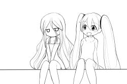 Rule 34 | 2girls, bad id, bad pixiv id, greyscale, hatsune miku, kazenoko, long hair, monochrome, multiple girls, simple background, sitting, smile, twintails, v arms, very long hair, vocaloid, white background