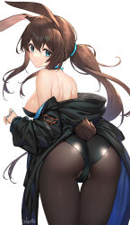 Rule 34 | 1girl, alternate costume, amiya (arknights), animal ears, areola slip, arknights, artist name, ass, backboob, backless leotard, black coat, black leotard, black pantyhose, black thighhighs, blue eyes, breasts, brown hair, cameltoe, coat, cokuto1, commentary, cowboy shot, expressionless, fake animal ears, from behind, hair between eyes, half updo, jewelry, leotard, long hair, looking at viewer, looking back, medium breasts, multiple rings, neck ring, off shoulder, pantyhose, parted lips, playboy bunny, ponytail, rabbit ears, rabbit girl, rabbit tail, ring, sidelocks, simple background, skin tight, solo, standing, tail, thigh gap, thighhighs, white background