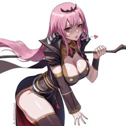 Rule 34 | 1girl, absurdres, black dress, black nails, black thighhighs, black tiara, breasts, cleavage, cowboy shot, dress, highres, hololive, hololive english, large breasts, long hair, looking at viewer, mori calliope, pink eyes, pink hair, seventeencrows, simple background, smile, solo, thighhighs, thighs, tiara, virtual youtuber, white background