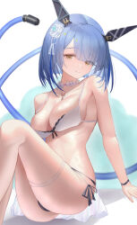 1girl absurdres animal_ears arm_support azuma_(sospower73) azur_lane bikini black_bikini blue_hair breasts choker cleavage closed_mouth commentary_request fake_animal_ears flower frilled_choker frills gascogne_(azur_lane) gascogne_(tropical_environs_acclimation_service_equipment)_(azur_lane) hair_flower hair_ornament highres knees_up looking_at_viewer mechanical_ears medium_breasts multicolored_hair official_alternate_costume orange_eyes purple_hair rose short_hair simple_background sitting smile solo streaked_hair swimsuit thighs white_background white_bikini white_flower white_rose