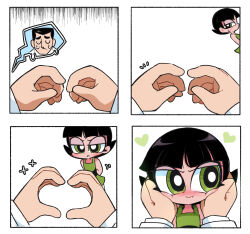 Rule 34 | 1boy, 1girl, black hair, blush, buttercup (ppg), comic, commentary, dress, english commentary, green dress, green eyes, hands on another&#039;s cheeks, hands on another&#039;s face, heart, heart hands, highres, kim crab, looking away, pantyhose, pout, pov, pov hands, powerpuff girls, professor utonium, short hair, silent comic, sleeveless, sleeveless dress, snoot challenge, sparkle, spoken expression, sweatdrop, tears, tsundere, white background, white pantyhose