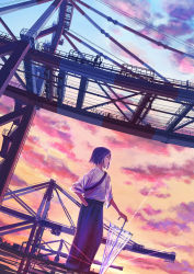 Rule 34 | 1girl, cloud, commentary request, crane (machine), hand in pocket, harbor, highres, holding, holding umbrella, original, outdoors, reflection, scenery, shirt, short hair, standing, sunset, umbrella, white shirt, yuhack