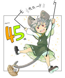 Rule 34 | 1girl, animal ears, arms up, basket, bloomers, blush stickers, daitai konna kanji, dress, grey hair, highres, holding, holding with tail, jewelry, mouse (animal), mouse ears, mouse tail, nazrin, necklace, open mouth, prehensile tail, red eyes, round teeth, short eyebrows, solo, tail, teeth, touhou, translation request, underwear